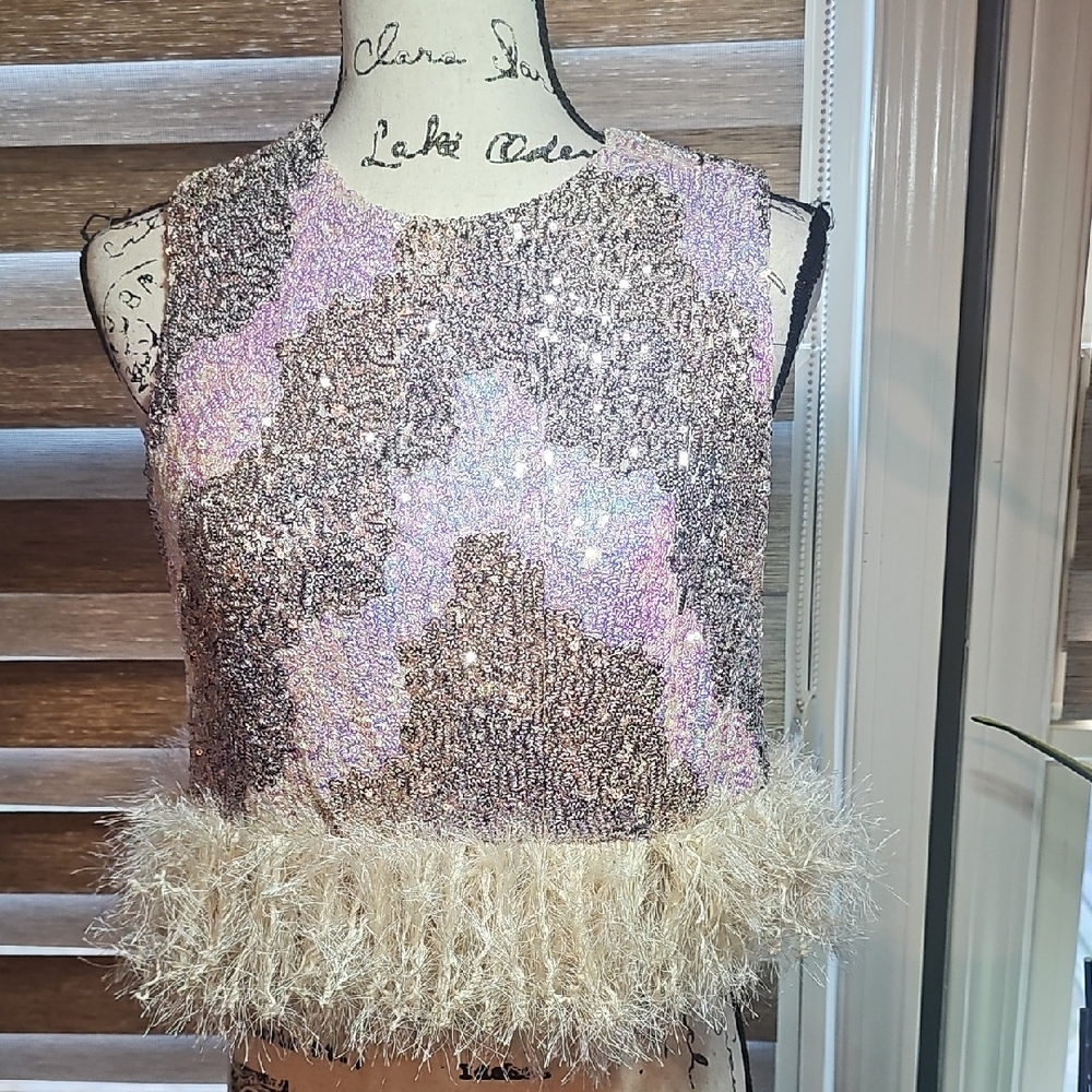 fab'rik Sequin Crop Top with Feather Trim - Picture 2 of 8